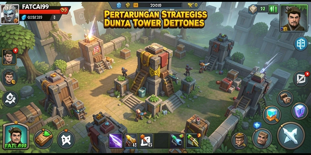 Tangkapan layar dari gameplay <strong>FATCAI99</strong> menampilkan menara strategis dan musuh yang menyerang.