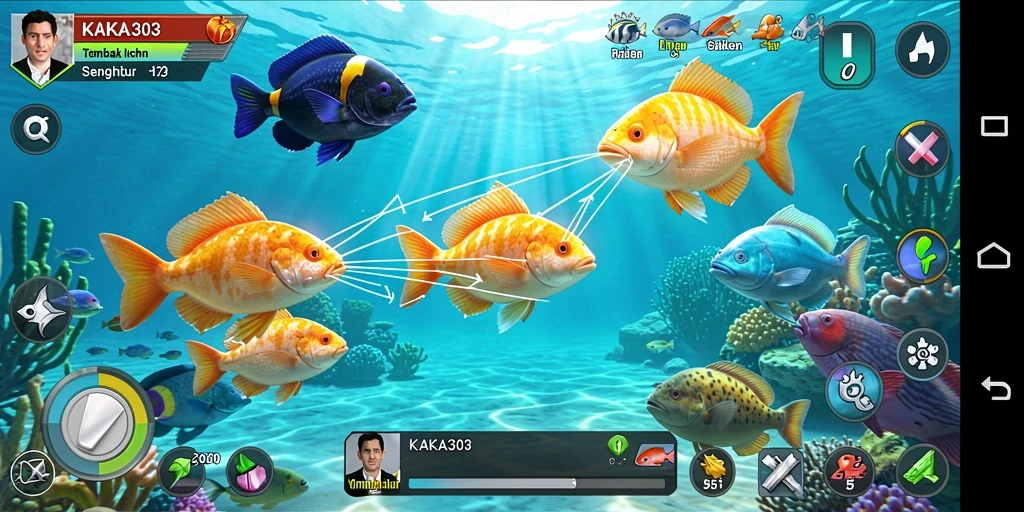 Screenshot gameplay KAKA303 menampilkan aksi menembak ikan yang seru.