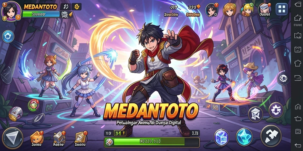Screenshot utama MEDANTOTO menampilkan aksi bertarung seru dan karakter-karakter anime yang menarik.