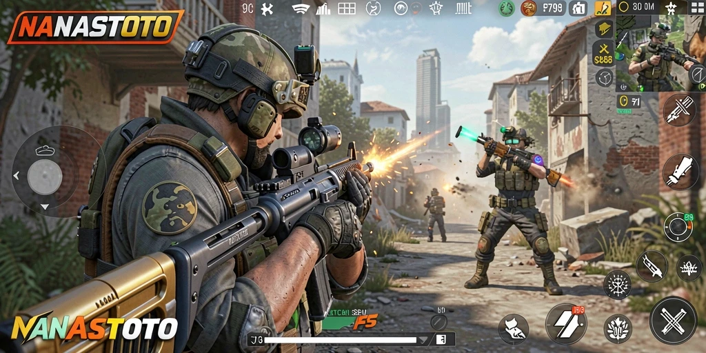 Screenshot NANASTOTO menampilkan aksi tembak-menembak dalam gameplay FPS yang mendebarkan.