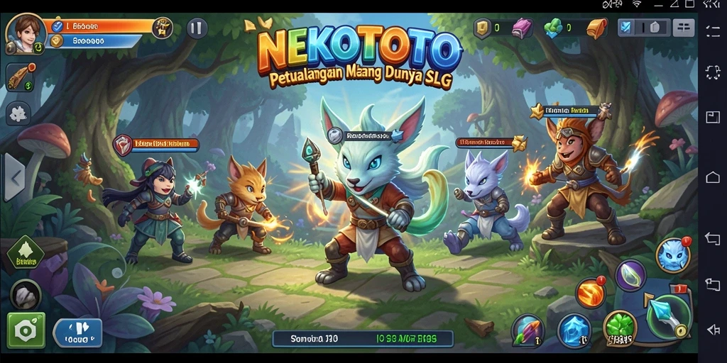 Tampilan gameplay NEKOTOTO yang menampilkan desa yang berkembang pesat.