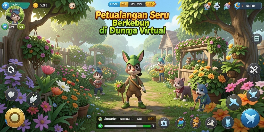 Gameplay V21 memperlihatkan kebun yang subur dan aktivitas pertanian yang menyenangkan.